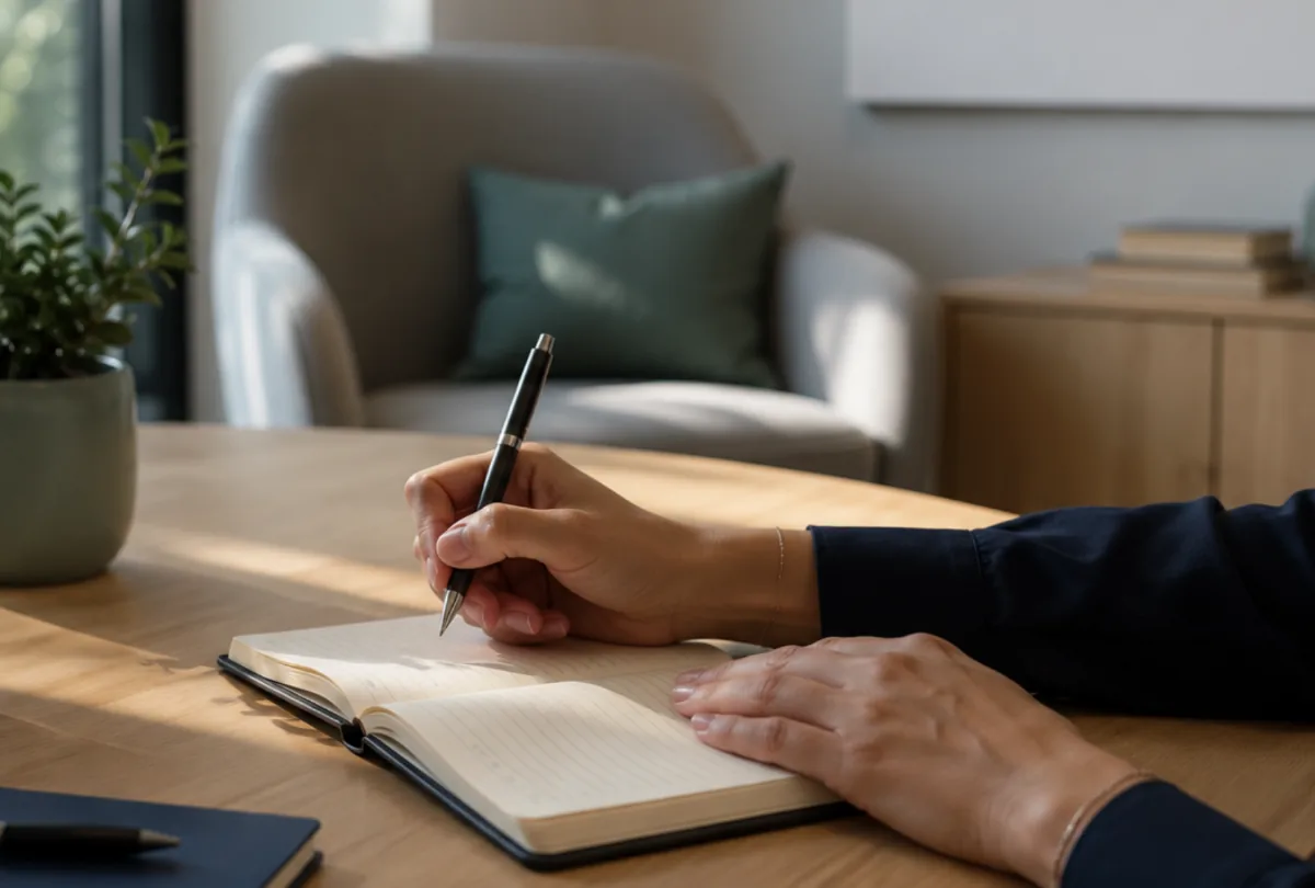 Confidential workplace support consultant taking notes
